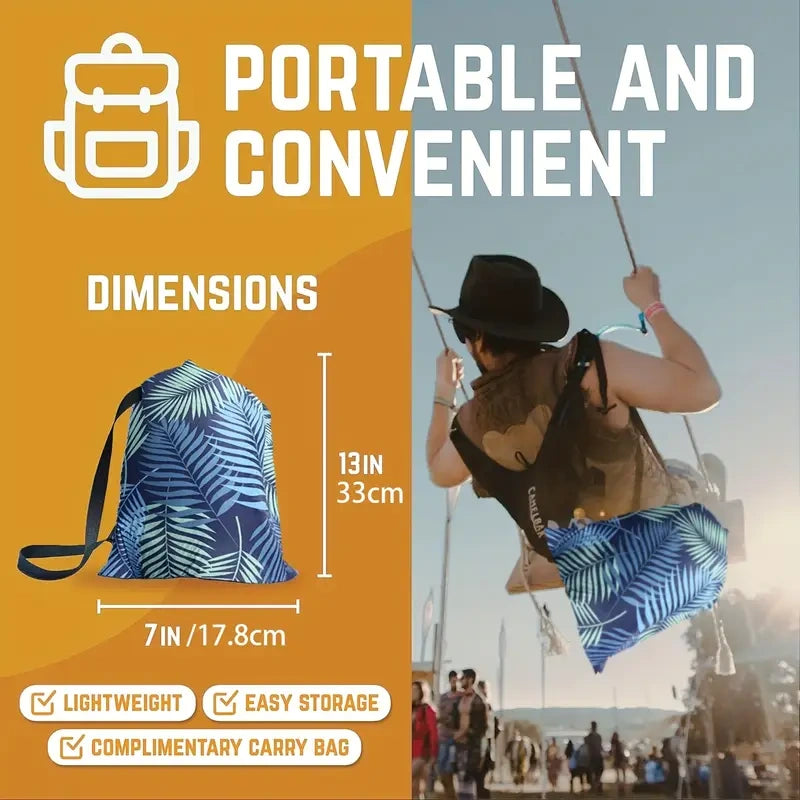 Portable bag with dimensions and features displayed, person using the bag in the background.