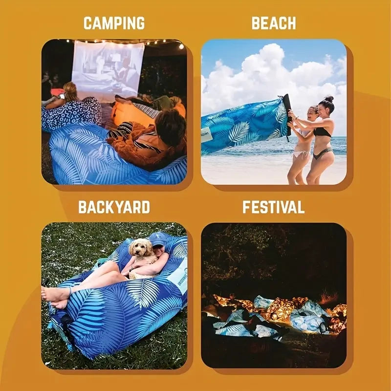 Blue inflatable sofa used in various settings including camping, beach, backyard, and festival.