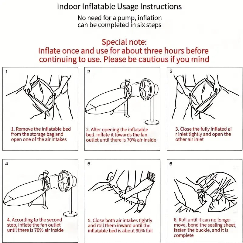 Step-by-step instructions for inflating an indoor inflatable product with illustrations and text.