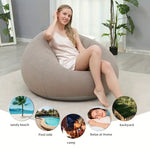 Load image into Gallery viewer, Woman sitting on a bean bag chair with lifestyle icons at the bottom
