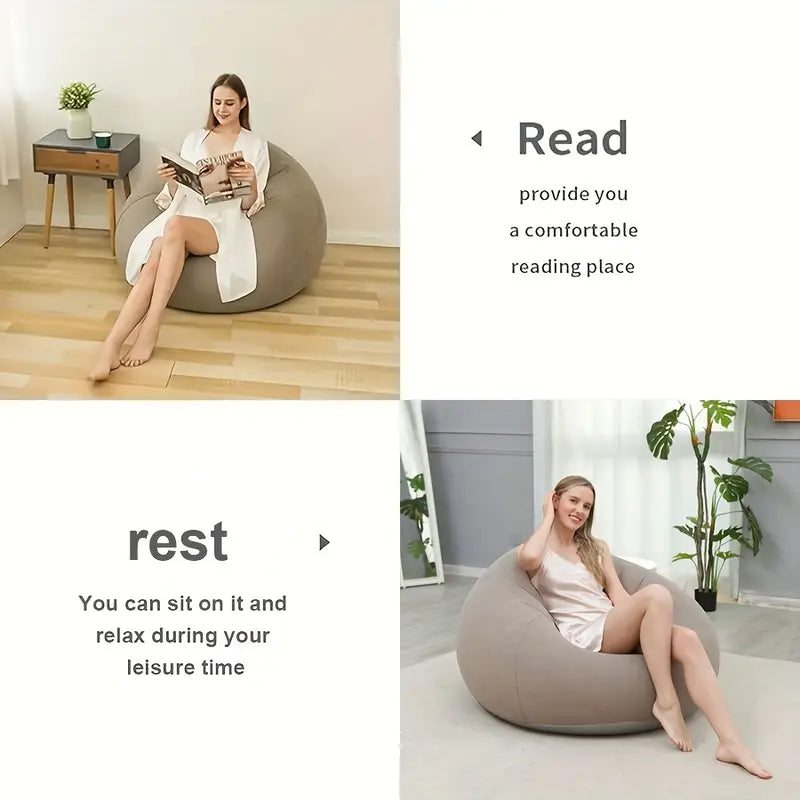 Woman sitting on a bean bag chair in a cozy room, with text indicating its use for reading and relaxation.