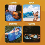 Load image into Gallery viewer, Blue inflatable sofa used in various settings including camping, beach, backyard, and festival.

