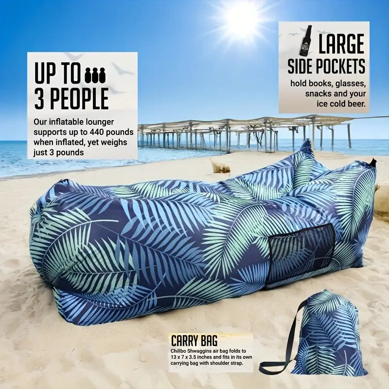 Inflatable lounge with leaf pattern on a sandy beach with text highlighting features.