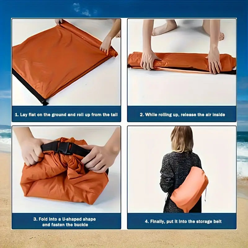 Step-by-step guide on how to pack a beach towel, with images of hands performing actions and a person carrying the packed towel.